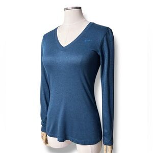 NIKE Dri-Fit Heathered Teal V Neck Long Sleeve Shirt